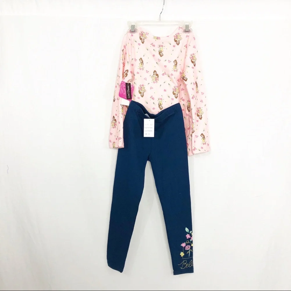 NEW Disney Belle Girls 2 Piece Ruffle Top and Leggings Set, Size 4, Pink Blue